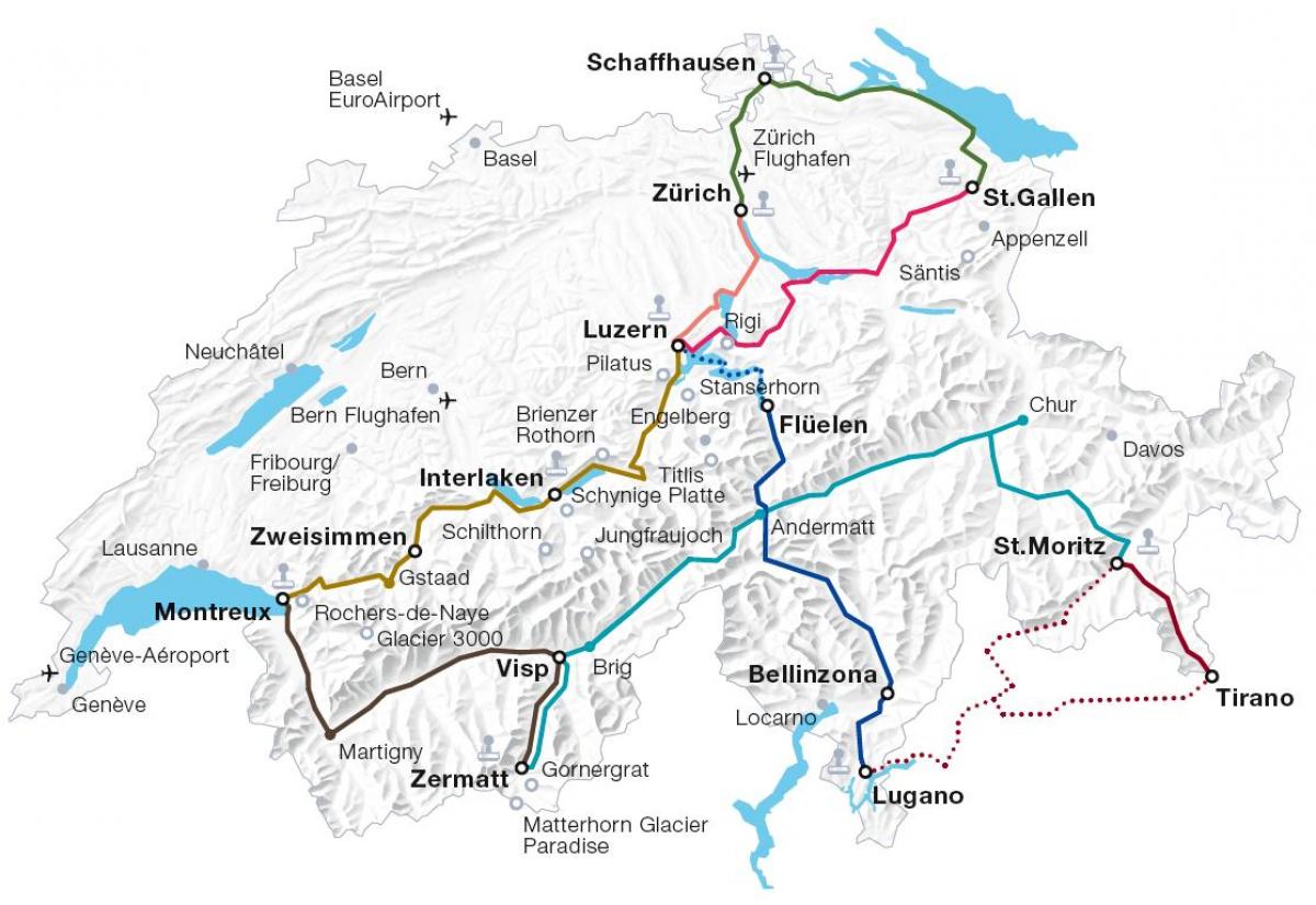 Швајцарска железничке маршруте на мапи