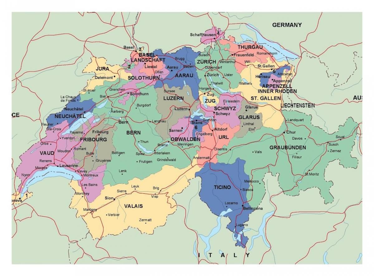карта Швајцарској са градовима